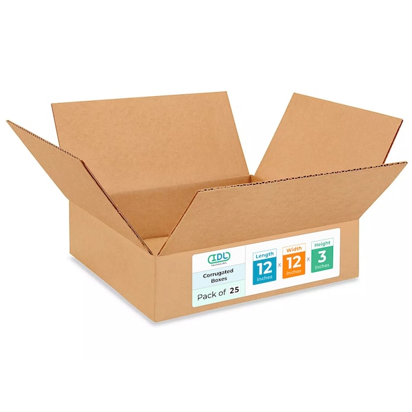 Idl Packaging 12 in x 12 in x 3 in Shipping Box, Kraft, Corrugate, Single Wall, 200#, 25 PK B-12123-25 - main